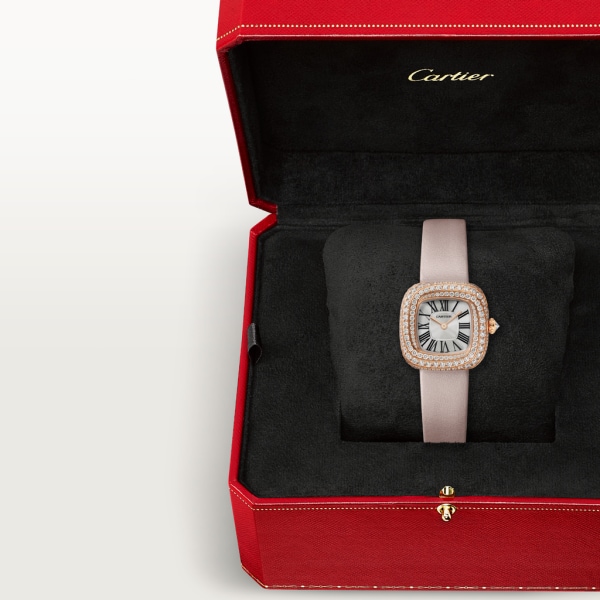 Coussin de Cartier腕表 小号表款，石英机芯，玫瑰金，钻石，皮表带