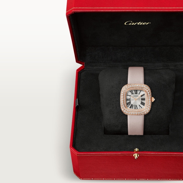 Coussin de Cartier watch Medium model, quartz movement, rose gold, diamonds, leather