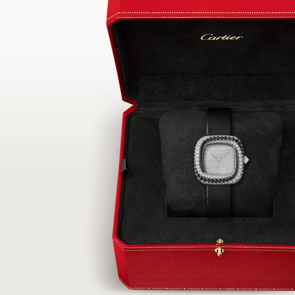 Coussin de Cartier腕表 中号表款，石英机芯，镀铑白金，钻石，尖晶石，皮表带