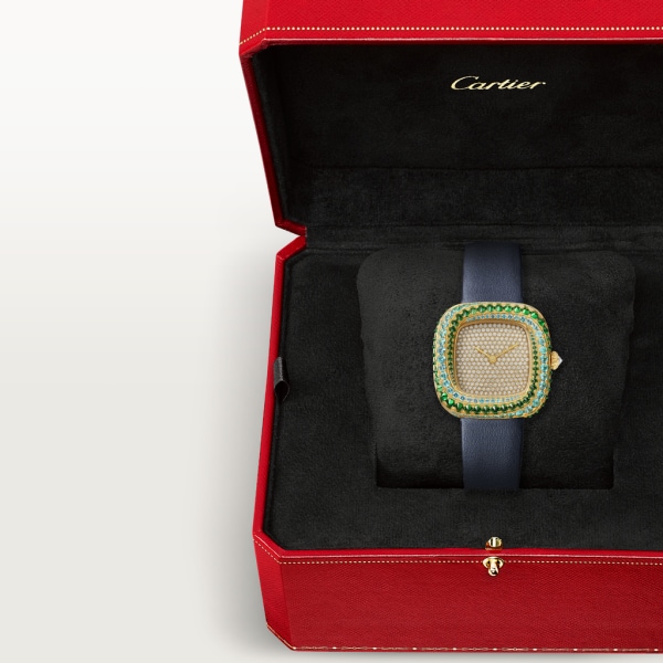 Coussin de Cartier腕表 中号表款，石英机芯，黄金，钻石，碧玺，沙弗莱石，皮表带