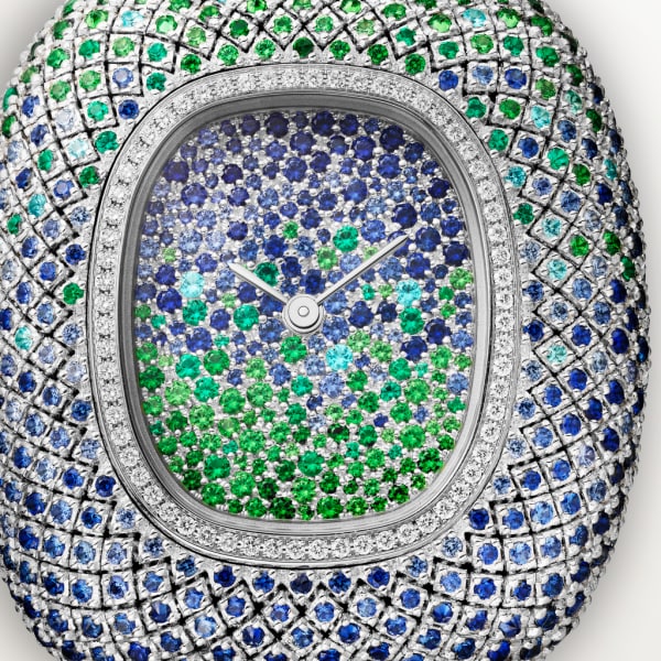 Coussin de Cartier watch Medium model, quartz movement, rhodium-finish white gold, diamonds, sapphires, tsavorites, emeralds, tourmalines, leather