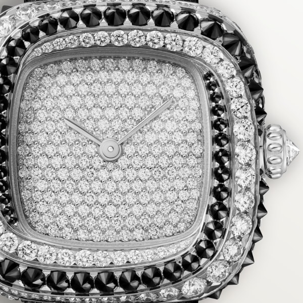 Coussin de Cartier watch Small model, quartz movement, rhodium-finish white gold, diamonds, spinels, leather