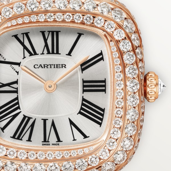 Coussin de Cartier腕表 中号表款，石英机芯，玫瑰金，钻石，皮表带