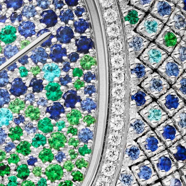 Coussin de Cartier watch Medium model, quartz movement, rhodium-finish white gold, diamonds, sapphires, tsavorites, emeralds, tourmalines, leather