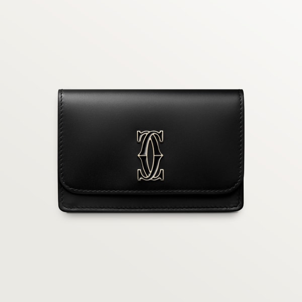 Multi-card holder with flap, C de Cartier Black calfskin, gold and black enamel finish