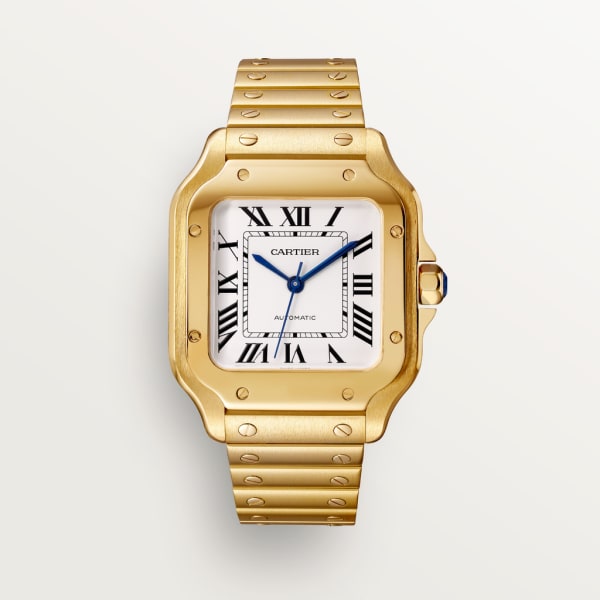 Santos de Cartier watch Medium model, automatic movement, yellow gold, interchangeable metal and leather bracelets