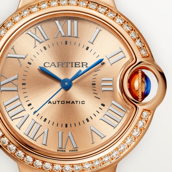 Ballon Bleu de Cartier卡地亚蓝气球腕表 33毫米表款，自动上链机芯，18K玫瑰金，钻石，皮表带