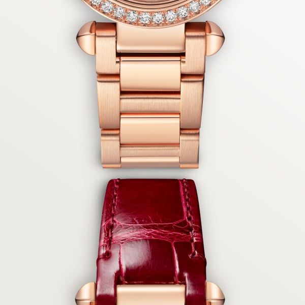 Pasha de Cartier腕表 30毫米表款，高效率石英机芯，玫瑰金，钻石，可替换式金属表链与皮表带