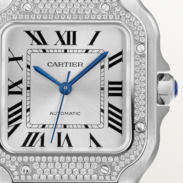 Santos de Cartier watch Medium model, automatic, steel, diamonds, interchangeable metal and leather bracelets