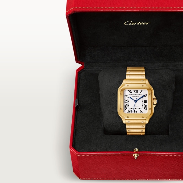Santos de Cartier腕表 中号表款，自动机芯，18K黄金，可替换式金属表链与皮表带