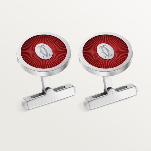 Double C de Cartier logo cufflinks with burgundy lacquer Sunray motif Sterling silver, palladium finish, burgundy lacquer.