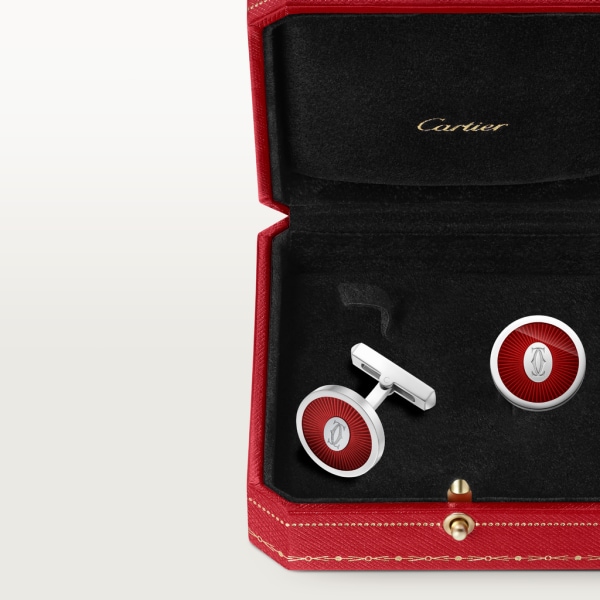 Double C de Cartier logo cufflinks with burgundy lacquer Sunray motif Sterling silver, palladium finish, burgundy lacquer.