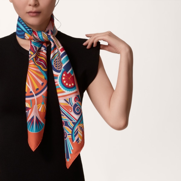 猎豹装饰艺术风格图案方巾 90 橙色和多色斜纹真丝