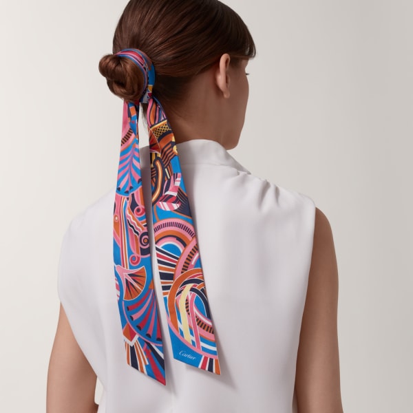 猎豹装饰艺术风格细丝巾 蓝色和橙色斜纹真丝