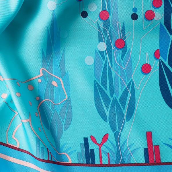 猎豹花园图案方巾 90 蓝绿色斜纹真丝