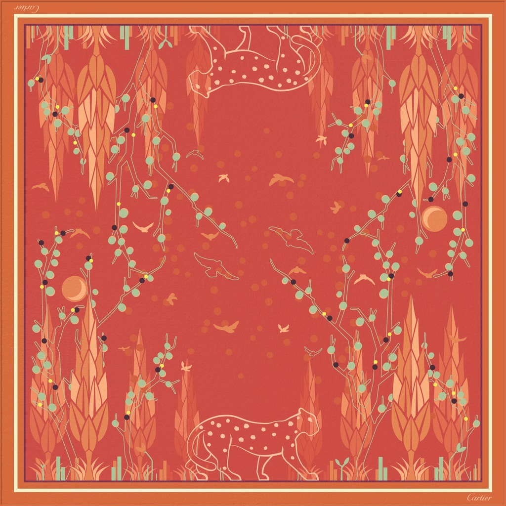 Panther Garden motif square 90Orange silk twill
