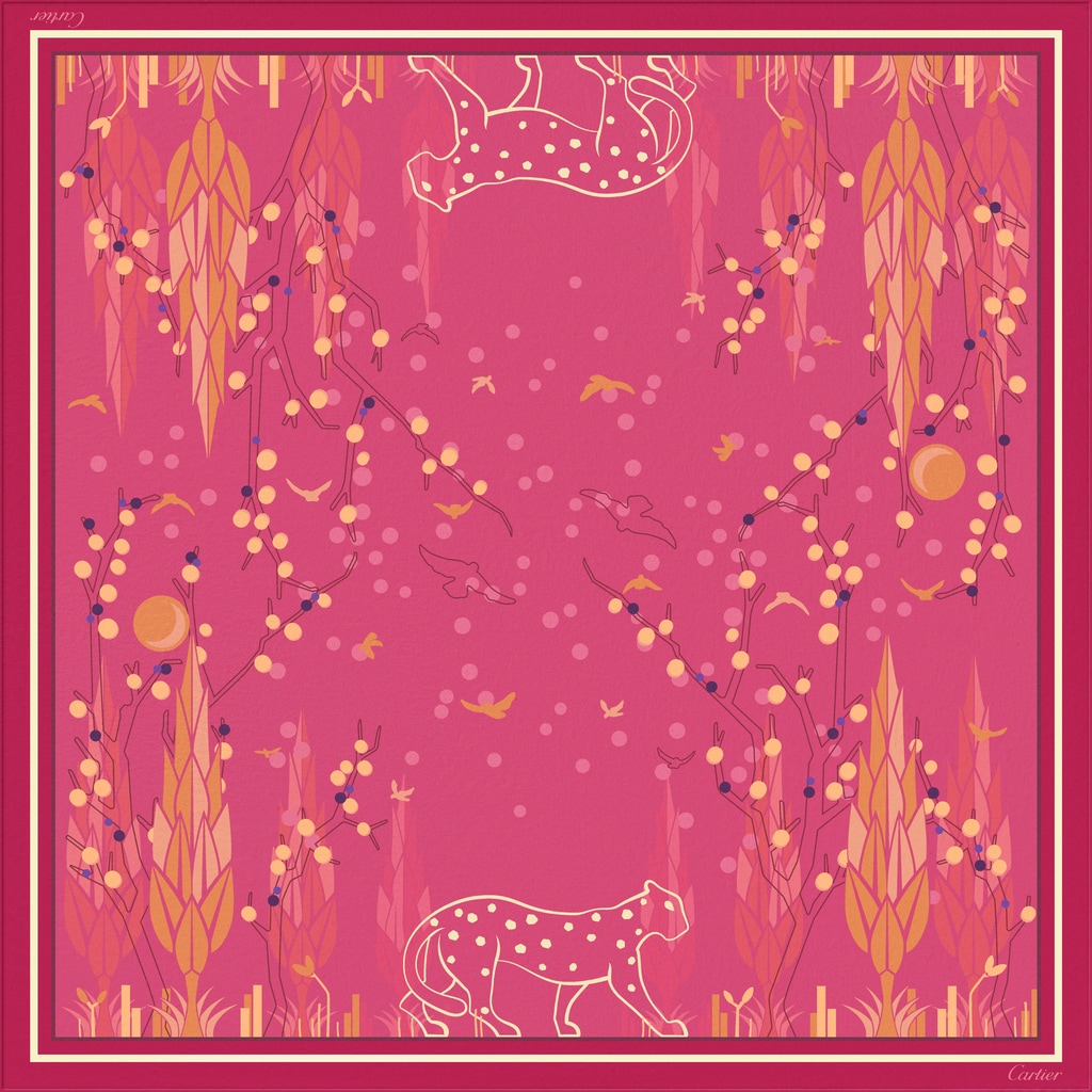 猎豹花园图案方巾 90紫红色斜纹真丝