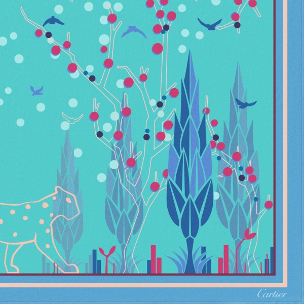 猎豹花园图案方巾 90 蓝绿色斜纹真丝