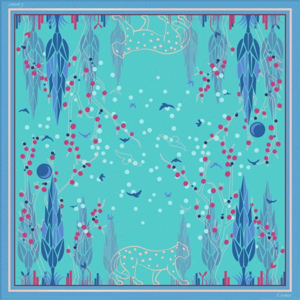 Panther Garden motif square 90 Turquoise blue silk twill