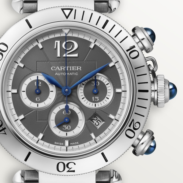 Pasha de Cartier腕表 41 毫米，计时码表，自动上链机械机芯，精钢，深灰色表盘，可替换式金属表链与皮表带