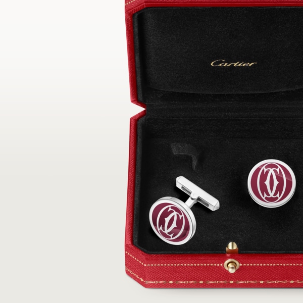 Double C de Cartier logo cufflinks with burgundy lacquer Sterling silver, palladium finish, burgundy lacquer.