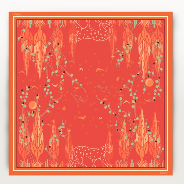 Panther Garden motif square 90 Orange silk twill
