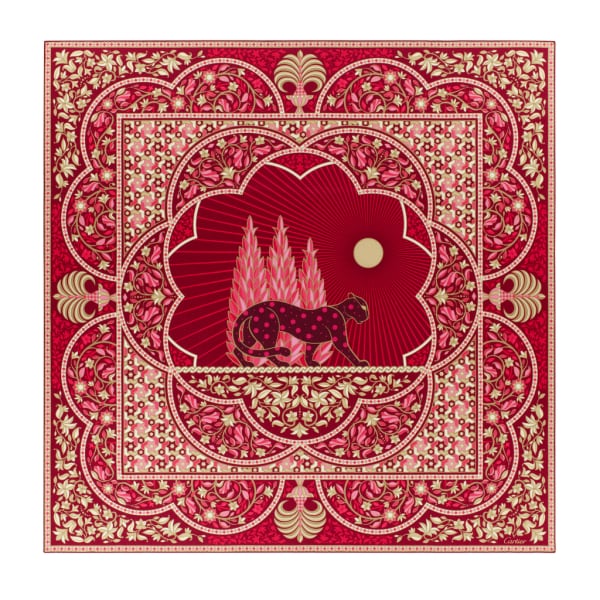 猎豹蔓藤图案披肩 140厘米 红色真丝和羊绒