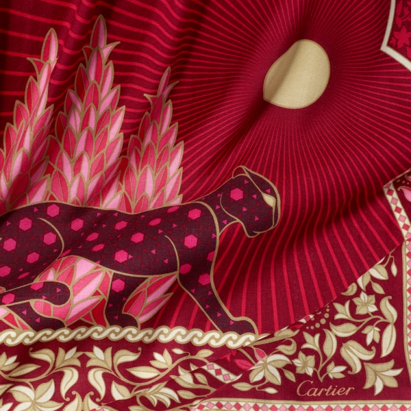 猎豹蔓藤图案披肩 140厘米 红色真丝和羊绒