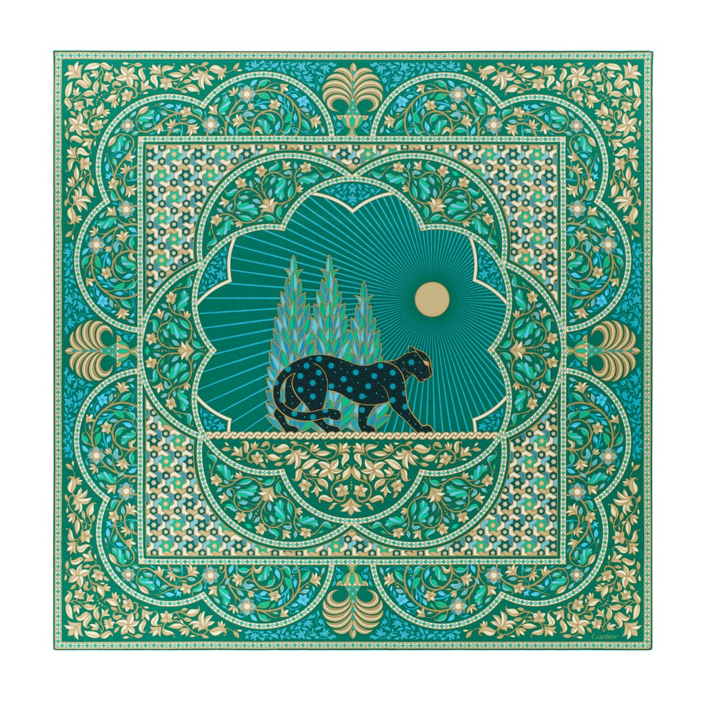 猎豹蔓藤图案披肩 140厘米绿色真丝和羊绒