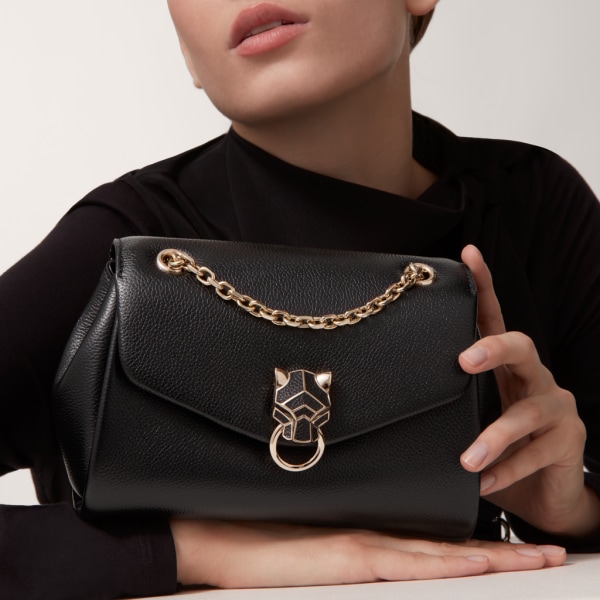 Chain bag mini, Panthère de Cartier Black calfskin and golden finish