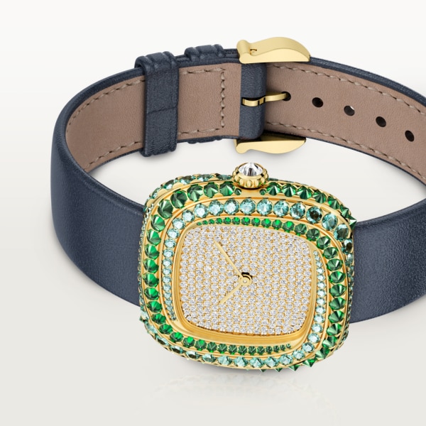 Coussin de Cartier腕表 中号表款，石英机芯，黄金，钻石，碧玺，沙弗莱石，皮表带