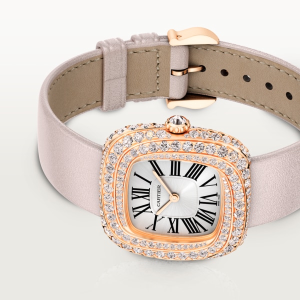 Coussin de Cartier watch Medium model, quartz movement, rose gold, diamonds, leather