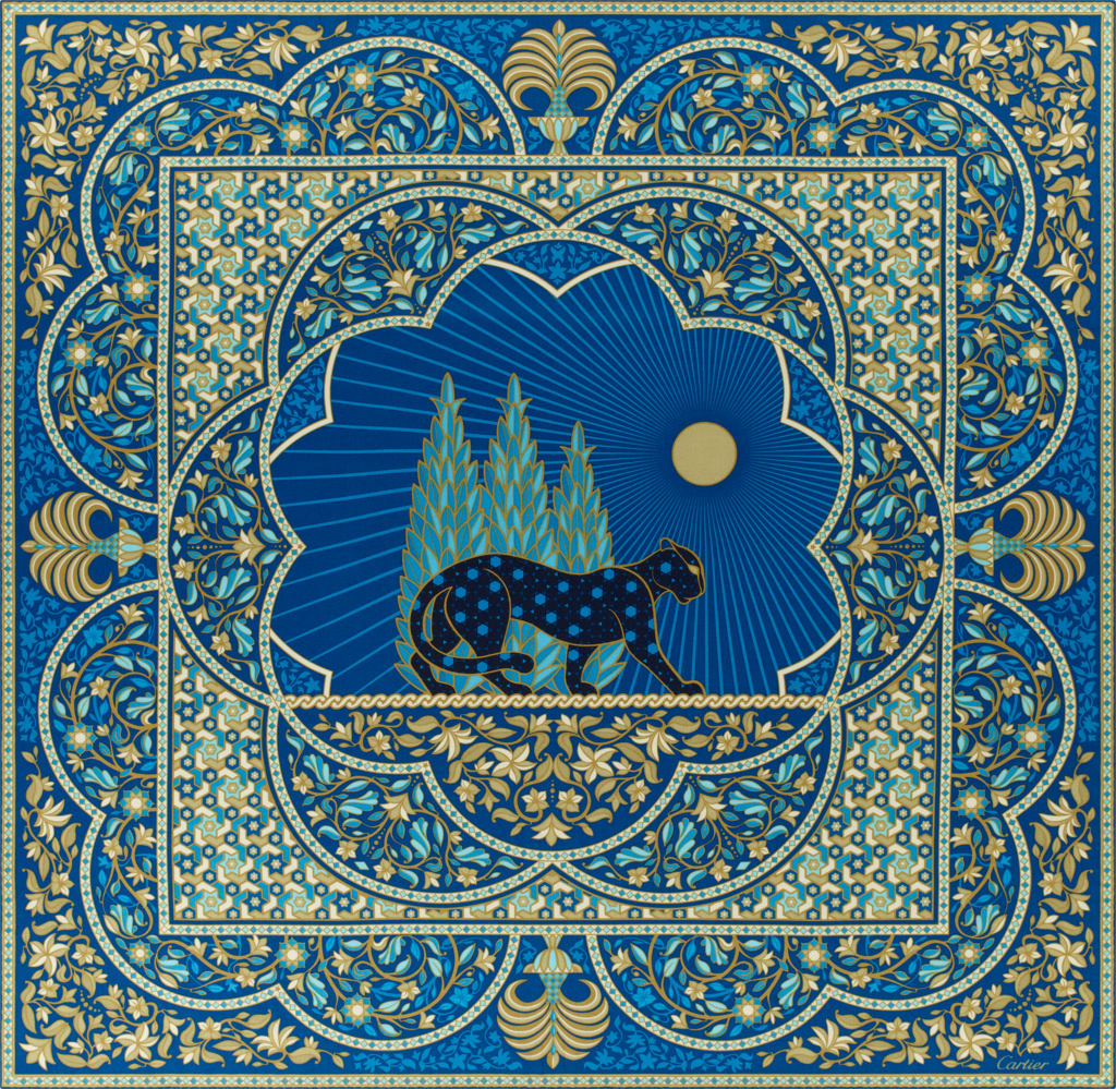 猎豹蔓藤图案披肩 140厘米蓝色真丝和羊绒