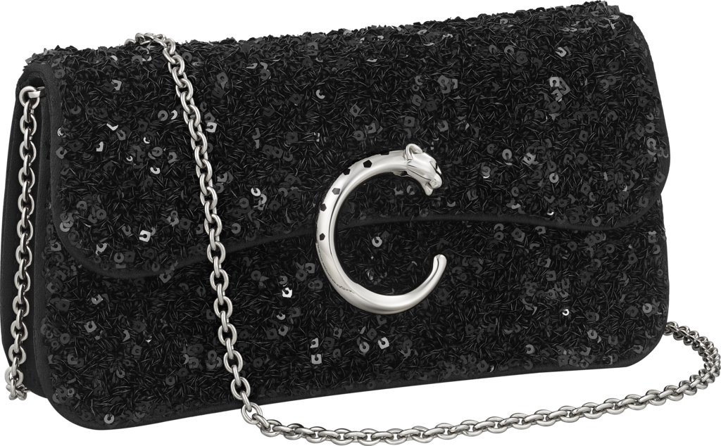 链条手袋，迷你款，Panthère de Cartier卡地亚猎豹系列黑色亮片，ECONYL®再生尼龙包底，镀钯与黑色珐琅饰面