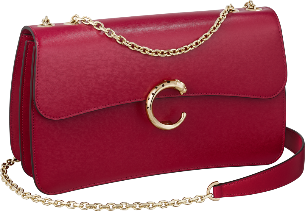 链条手袋，小号款，Panthère de Cartier卡地亚猎豹系列樱桃红色小牛皮，镀金和黑色珐琅饰面
