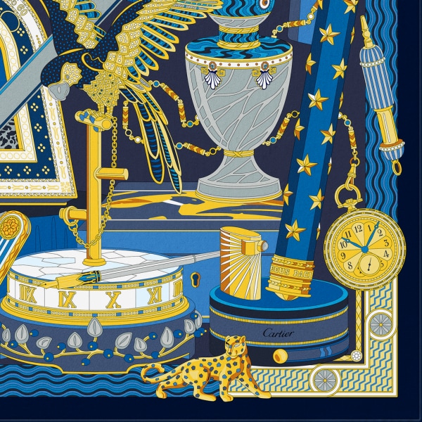 卡地亚档案馆图案方巾 90 海军蓝色和黄色斜纹真丝