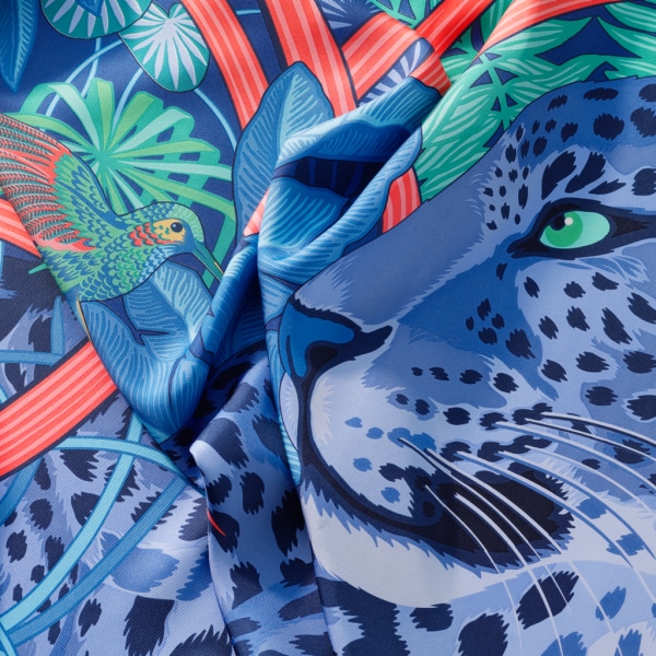 猎豹丛林图案方巾 90 蓝色斜纹真丝