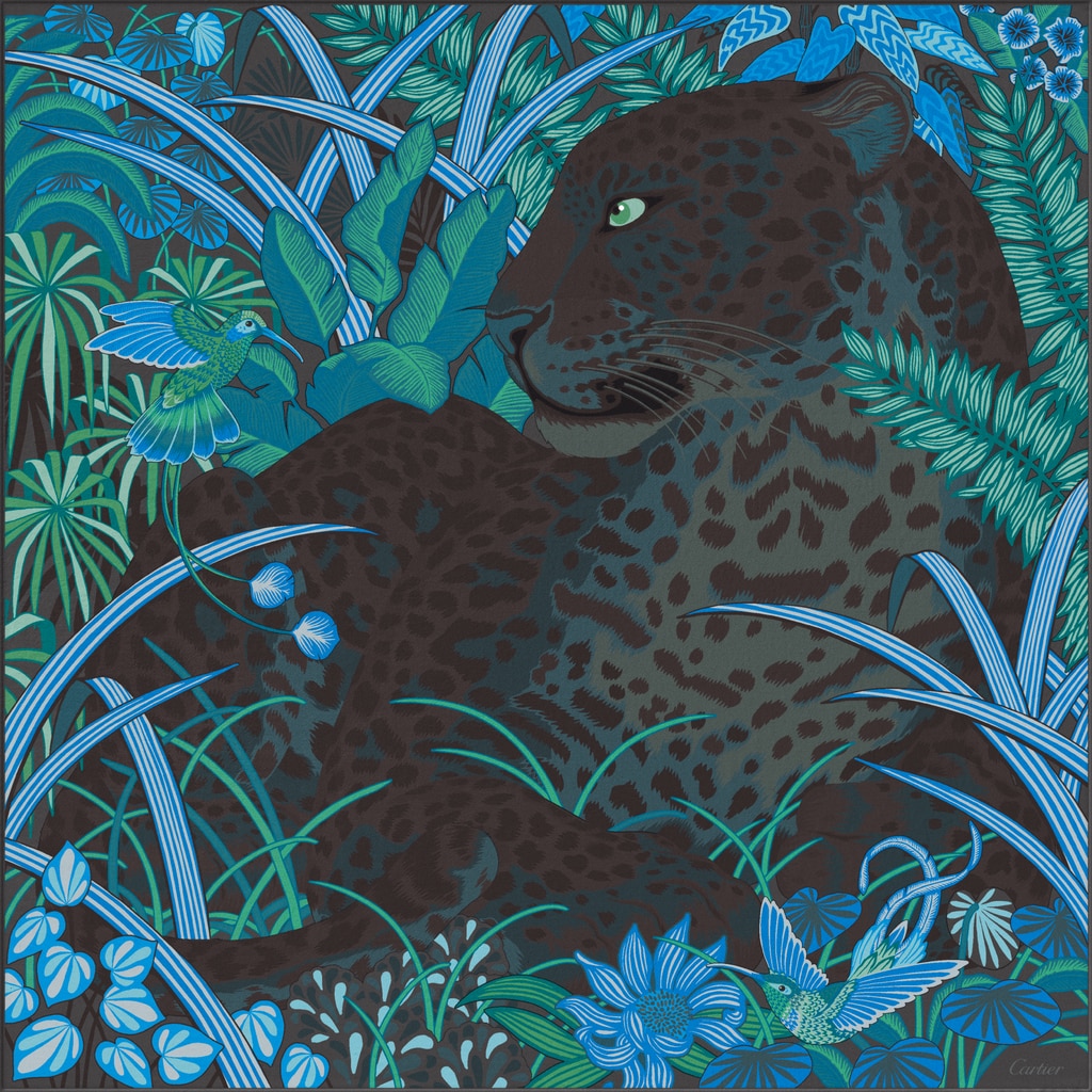 猎豹丛林图案方巾 90黑色斜纹真丝