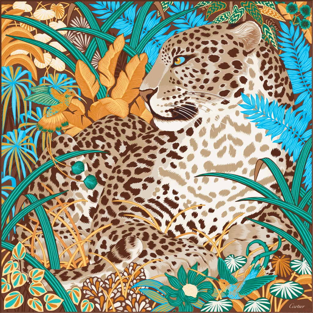 Panther in the Jungle motif square 90Beige silk twill