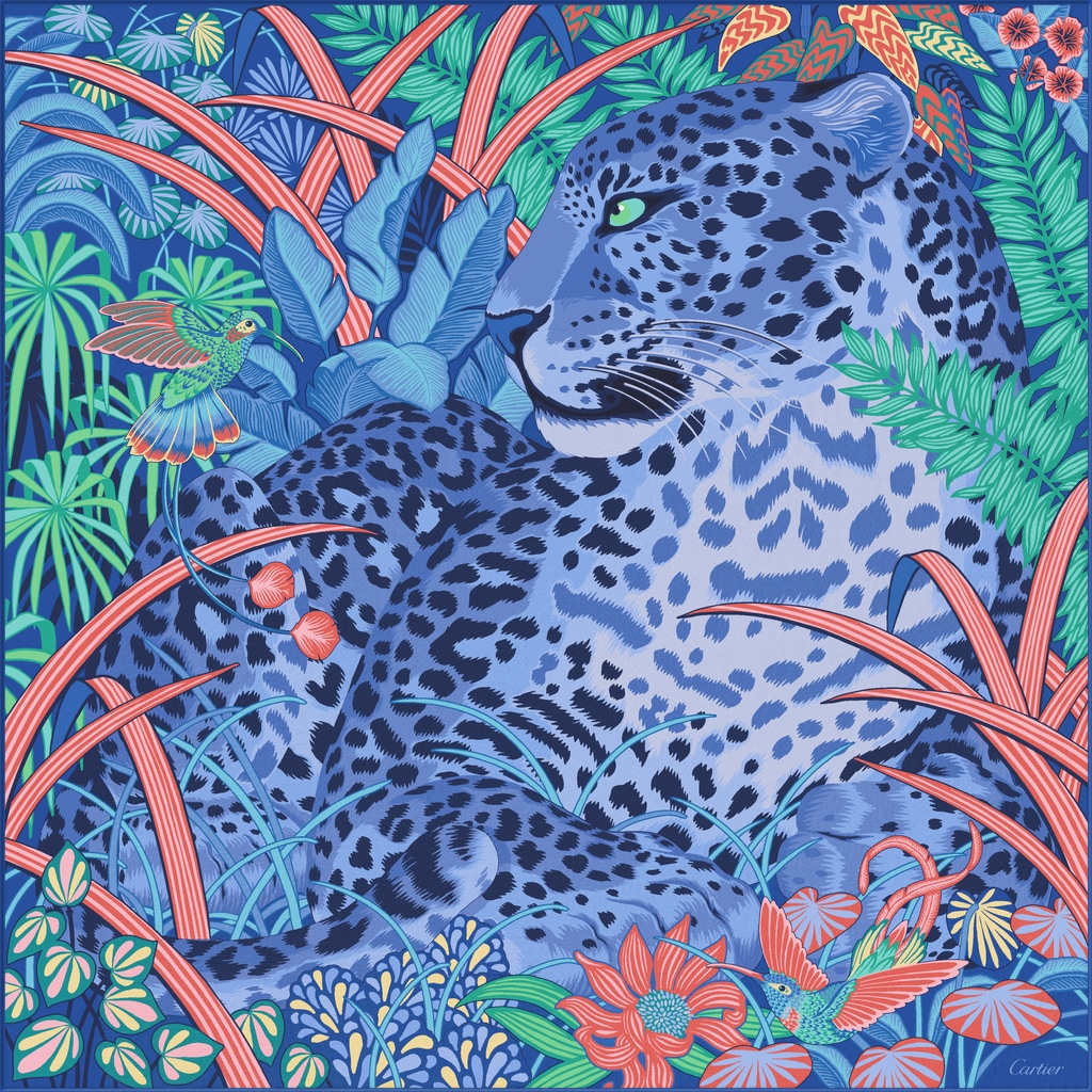 猎豹丛林图案方巾 90蓝色斜纹真丝