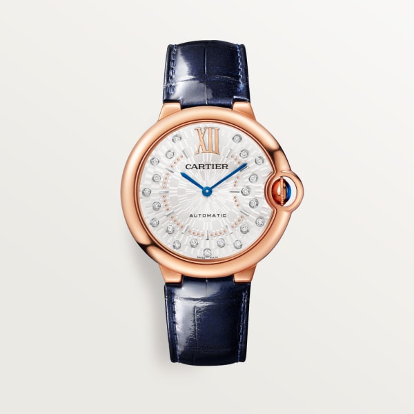 Ballon Bleu de Cartier watch 36 mm, automatic mechanical movement, rose gold, diamonds, leather