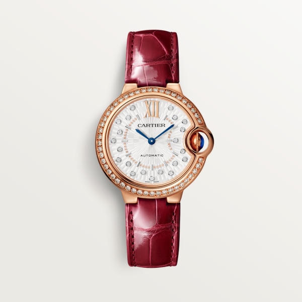 Ballon Bleu de Cartier watch 33 mm, automatic mechanical movement, rose gold, diamonds, leather