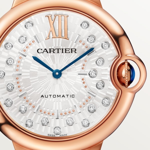 Ballon Bleu de Cartier watch 36 mm, automatic mechanical movement, rose gold, diamonds, leather