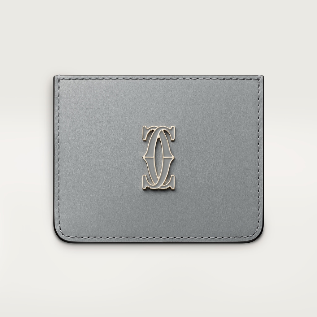 C de Cartier单卡片夹灰色小牛皮，灰色珐琅，镀金饰面
