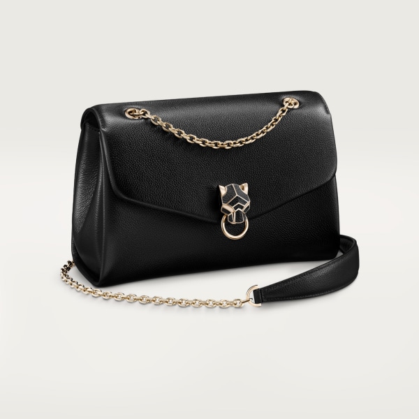Chain bag small, Panthère de Cartier Black calfskin and golden finish