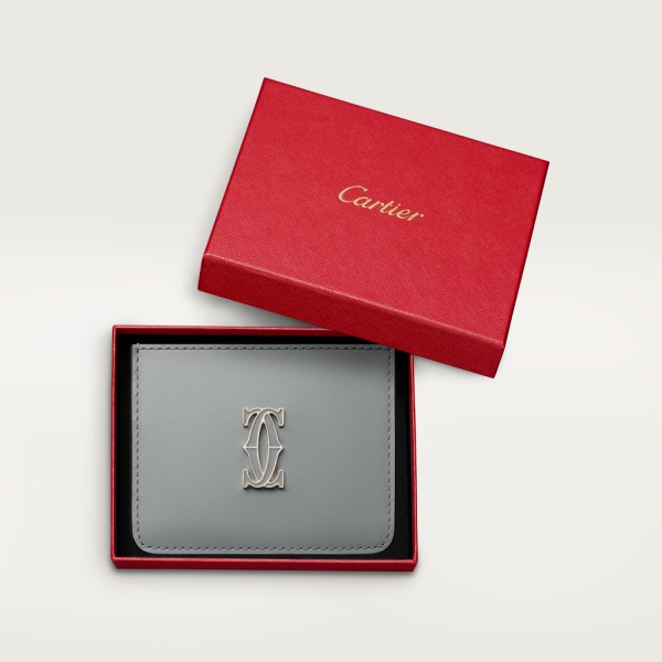 C de Cartier单卡片夹 灰色小牛皮，灰色珐琅，镀金饰面