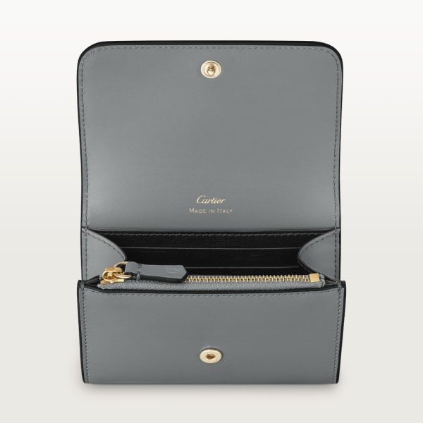 迷你皮夹，C de Cartier系列 灰色小牛皮，灰色珐琅，镀金饰面