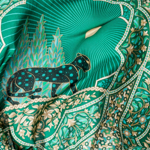 猎豹蔓藤图案披肩 140厘米 绿色真丝和羊绒