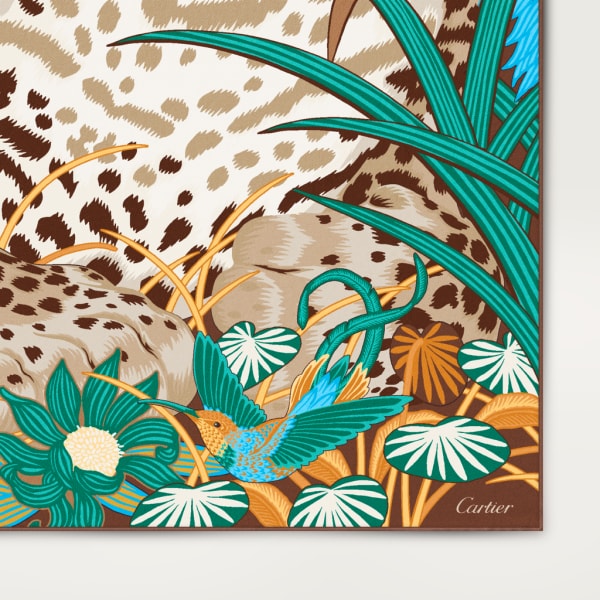 Panther in the Jungle motif square 90 Beige silk twill