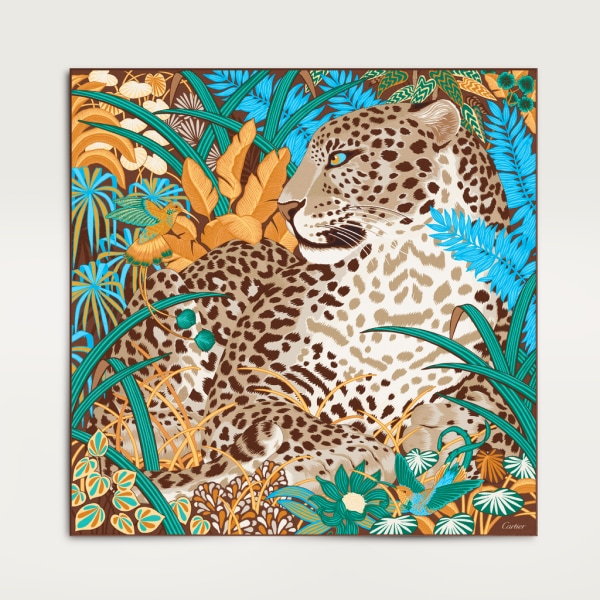 Panther in the Jungle motif square 90 Beige silk twill